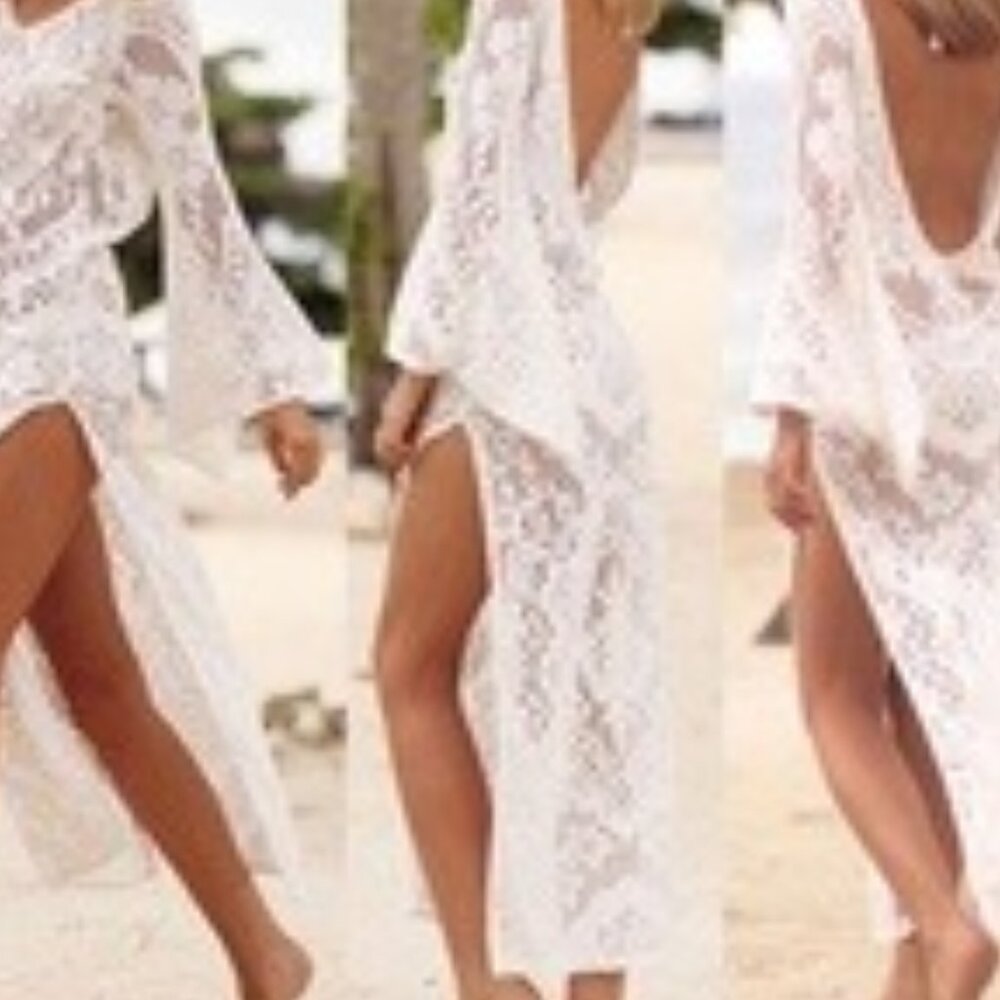 NEW Swimsuit Womens Pullover Coverup 3/4 Sleeves Large White V-Neck Knit Fabric